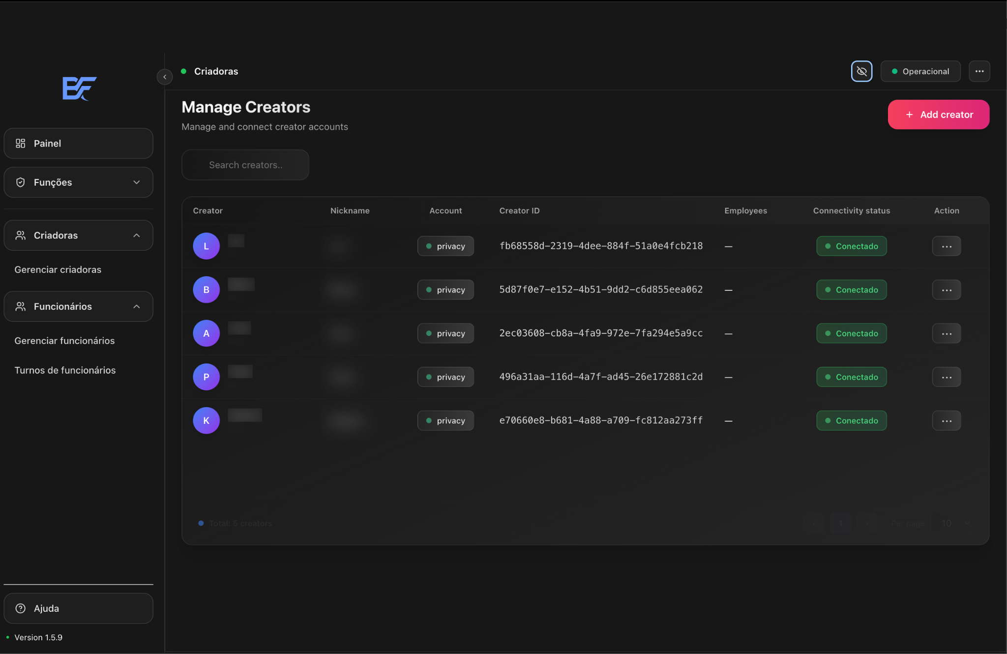 Tela de gestão de criadoras da Beeflow