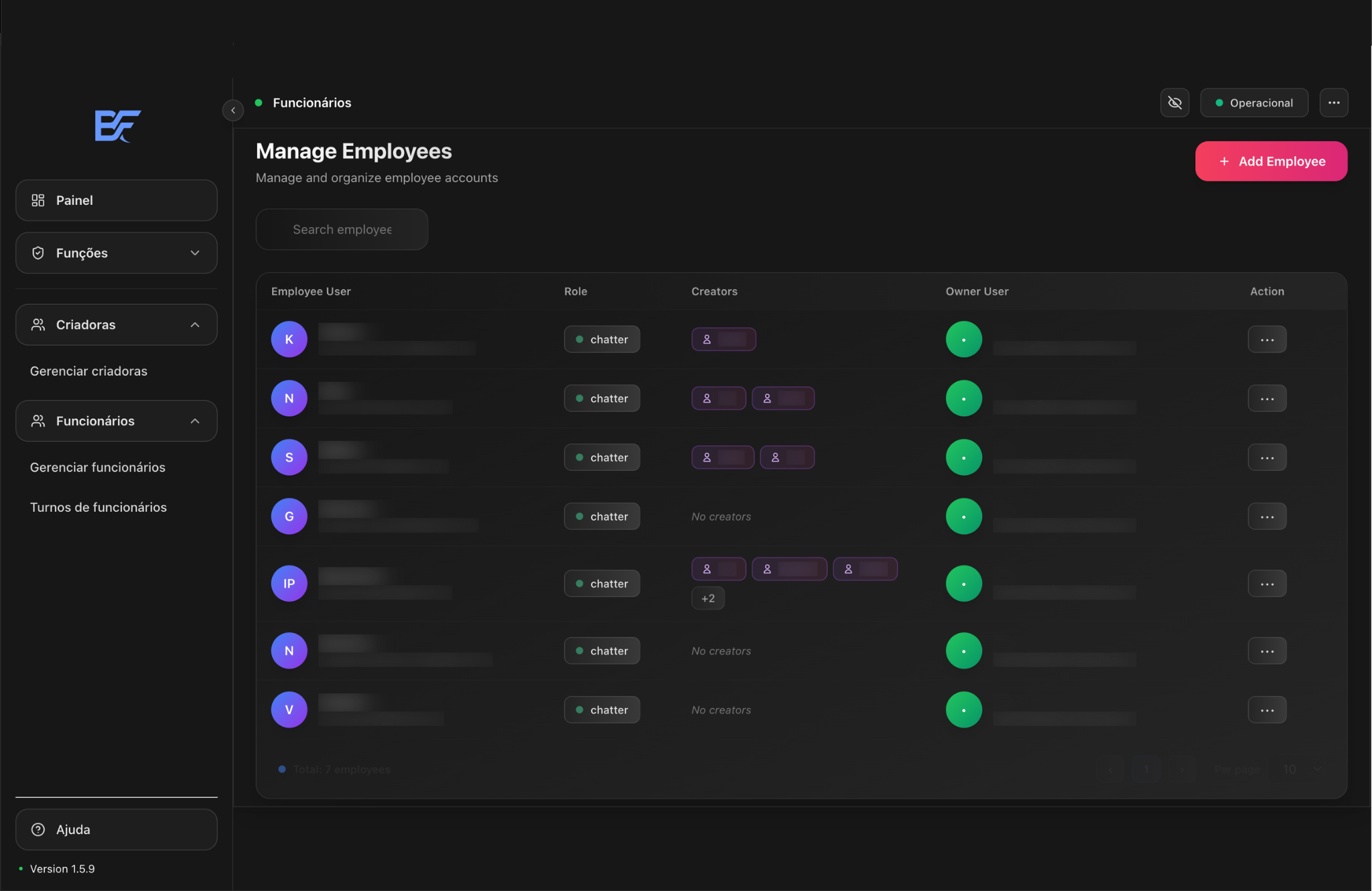 Tela de gestão de equipe da Beeflow